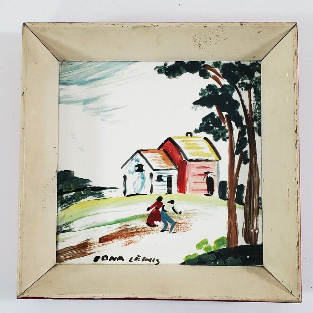 Vintage Oil Painting Tile Wall Plaque Man Woman Country House Signed Edna Lewis